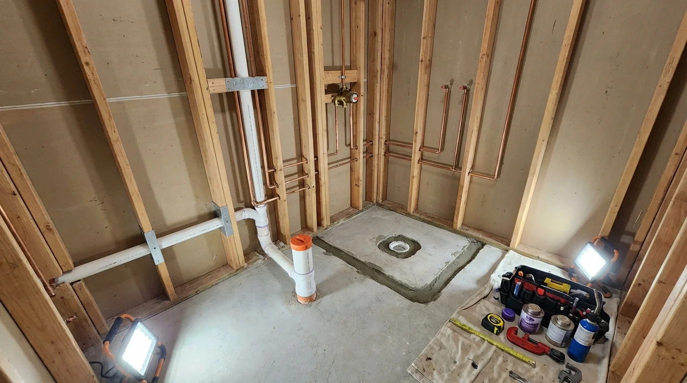 Bathroom rough-in plumbing during remodel by Johns Plumbing LLC in Lewistown