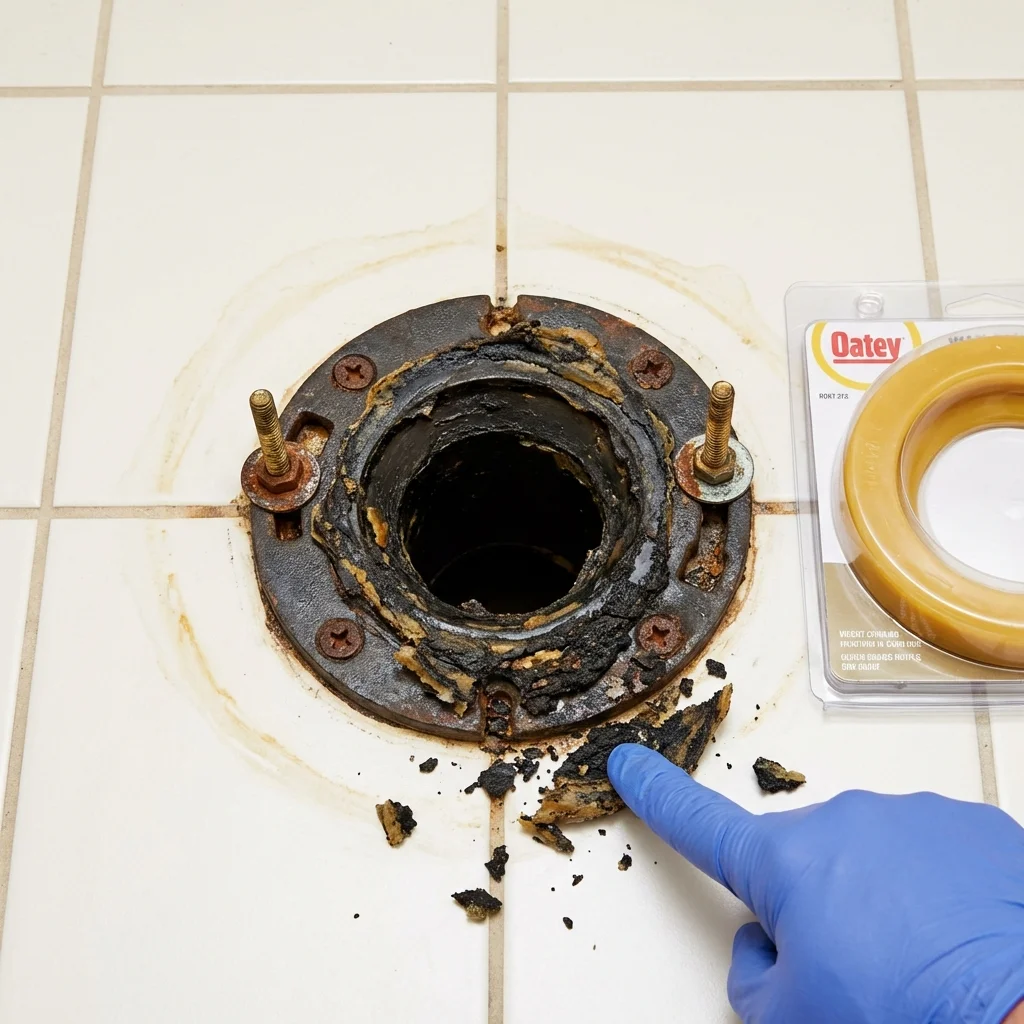 Failed wax ring showing water seepage at the base of a toilet in a Lewistown, IL home