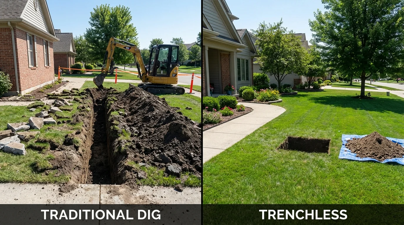 Trenchless sewer repair with minimal yard damage versus traditional excavation in Lewistown, IL