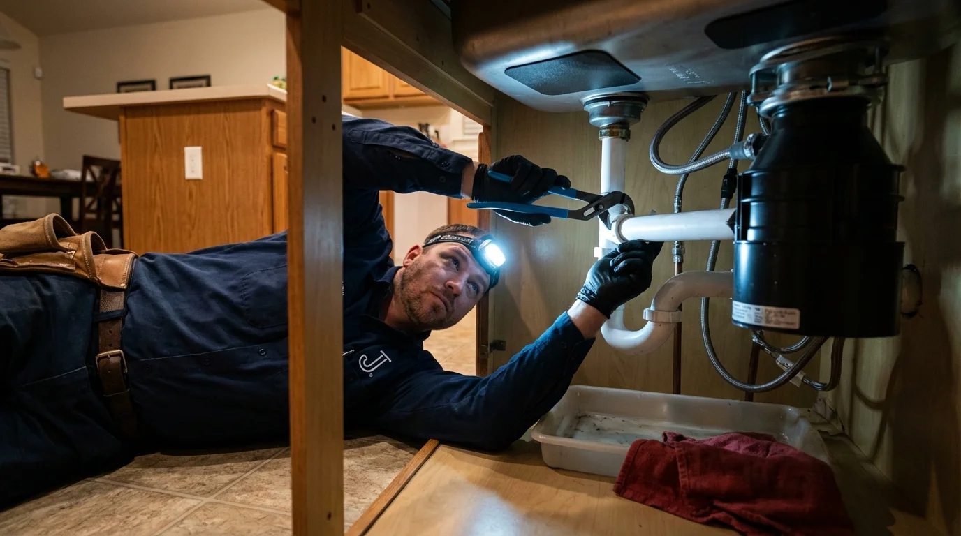 P-trap and supply line connections under a kitchen sink showing a common leak point in Lewistown, IL